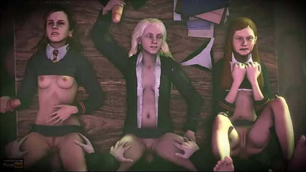 Nagy Group sex at Hogwarts from the world of Harry Potter: Ginny Weasley, Luna Lovegood, Hermione Granger mega videók